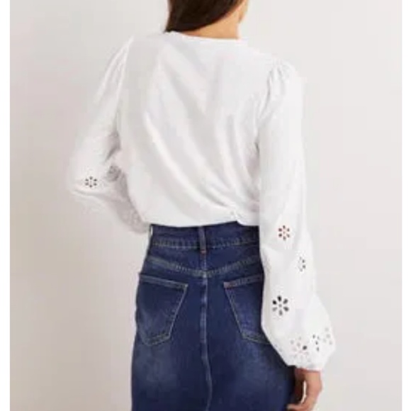 Boden Broderie Insert Long Sleeve Jersey Top White 6 Embroidered Preppy Cut-Out - Picture 3 of 15